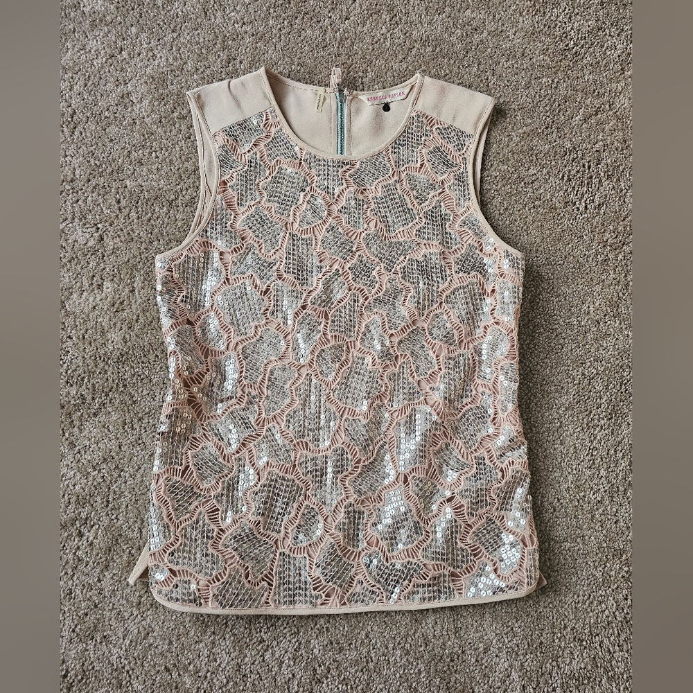 REBECCA TAILOR Beige Embroidered Sequins Sleeveless Blouse Top SZ 2